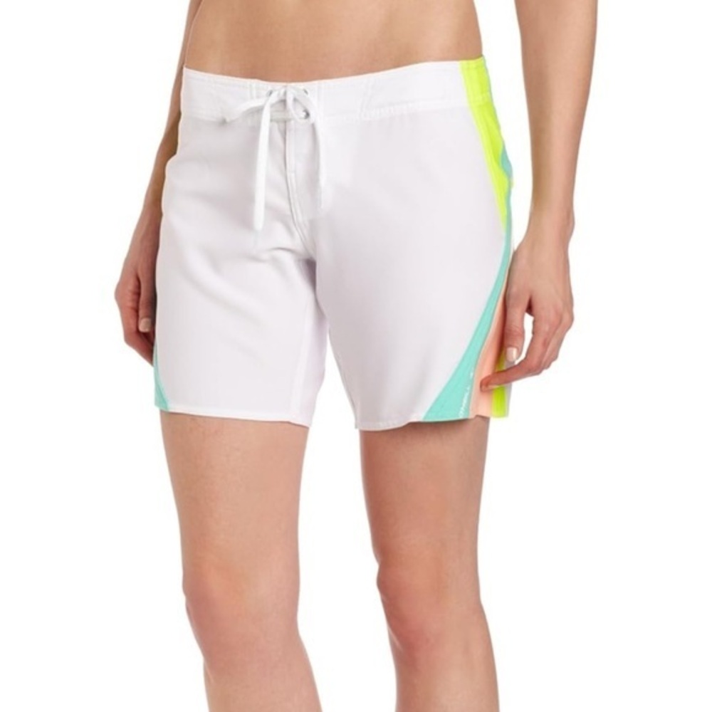 O’Neill White Swim Shorts with Green and Yellow Accents Size 9